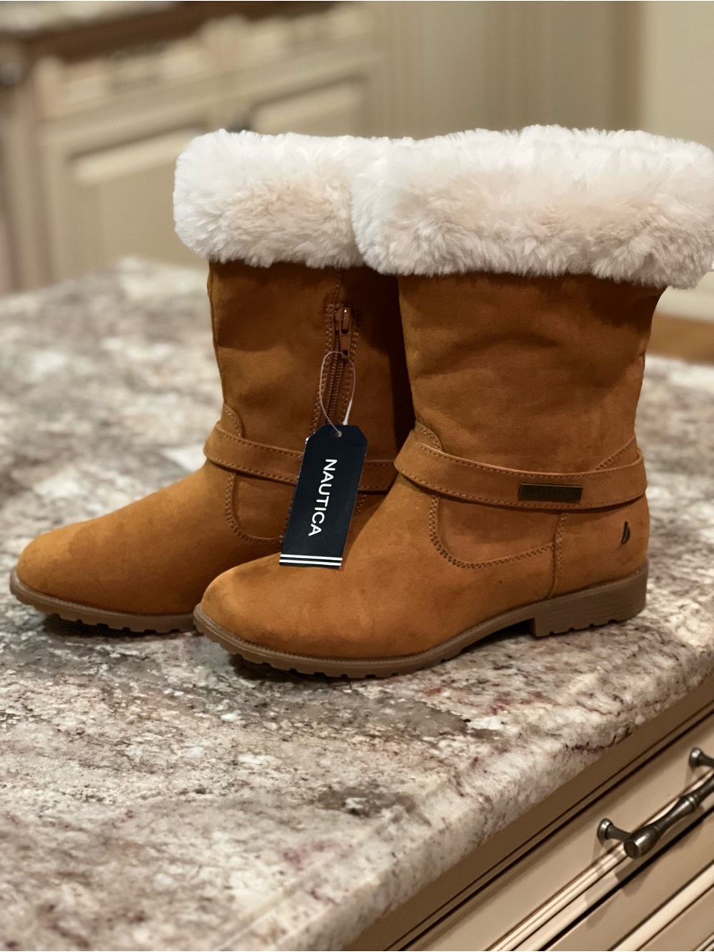 Nautica Chestnut Brown Kids Winter Boots with White Faux-Fur Cuff